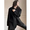 Schwarze Wollanzugjacke für Frauen Herbst Winter Vintage beiläufige lose schwere Wollanzüge Blazer Outwear 210608
