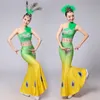 Kadın Oryantal Dans Seksi Tavuskuşu Tartları Kuyruk Elbiseler Lady Sahne Performans Kostümleri 2 Renkler Kibar Headdress Giyim