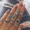 15 pièces/ensemble Vintage Boho noir opale pierre couronne fleur éléphant croissant anneau ensemble pour femmes métal Knuckle anneaux bijoux accessoires