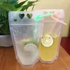 2021 Drink Pouch Heart Shape Juice Beverage Milk Coffee Packaging Plastic Frosted with Handle and Holes for Straw Food Storage Bag