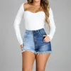 Kvinnor Bicolor Denim Shorts Slim Sexy Ripped Burr Patchwork Jeans Femme High Waist Skinny Tassel Vintage Y2K Korta Byxor 210517