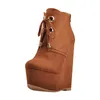 Womens Round Toe Platform Wedge Zip Burgundy Boots Heels High Flock Fashion BIG Size Booties.