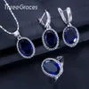 Brincos Colar Threegraces Fashion Designer Cúbico Zircônia Cristal Jóias Oval Royal Azul Brinco e Ringset para Mulheres JS197