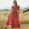 Letnia Długa Sukienka Kobiety Casual Solidna Krótki Rękaw Single Breasted Lace Up Boho Beach Sexy O-Neck Ruffles Slits Maxi ES 210526