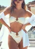 Vrouwen Badmode Sexy Gedrukt Metalen Ringen Hoge Taille Bikini Vrouwen Bandeau Badpak Vrouwelijke Tweedelige Set Bader Badpak zwemmen