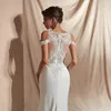 Beach Wedding Dress for Bride Sequins Lace Applique Sheer Bodice Cold the Shoulder Satin Skirt HiLo Fit and Flare Gown9544545