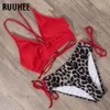 Ruuhee Bikini Mayo Push Up Mayo Kadınlar Set Leopar Dantel Backless Kadın Seksi Biquini Yüksek Bel 210625