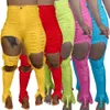 S-4XL Yellow Red Casual Skinny Ripped Dżinsy Dla Kobiet Jesień Wysoka Pas Plus Size Denim Pant Streetwear Elastyczna Hollow Sporter 210809