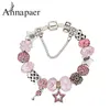 Charm Bracelets 2021 European Murano Pink Crystal Beads & Bangles Silver Color Star Charms Bracelet For Women Jewelry B17021