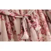 Spring Pink Flower print Long Sleeve Dress With Sashes Women Vintage Tide Bow Collar Ruffles Hem Dresses Femme Vestido 210429