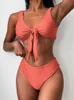 Zaful Mageded Front Knot Bikini Set Женщины Ремни Сплошные Летние Женские Купальники Купальники Сексуальные Купальники Плавательная Одежда Y0820