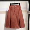 Solid Midi Skirt Women Spring Summer Knee Length High Waist School Red Blue Black White A-line Female 210421