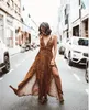 Femmes robe col en V sans manches rayé bohême es Sexy longue impression Maxi dos nu grand ourlet été es 210524