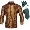 Mäns avslappnade skjortor Hi-Tie Silk Mens Long Sleeve Orange Floral Shirt med Gold Blue Red Tie Hanky ​​manschettknappar Set för män Slim Fit High Qualit