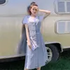 Denim Suspender Dress Summer Single Breasted Y2k Jeans A-line Loose Long Sundress Blue Casual Dresses for Women Overalls 210604