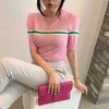 Koreanische Sommer Chic Puff-Ärmeln Frau Oansatz Gestreiften Pullover T-stück Schlank Mode Gestrickte Bodenbildung T-Shirt Eine Größe 210527