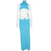 Sisterlinda été Sexy bleu fente découpé robe de soirée femme col roulé dos ouvert dos nu boîte de nuit moulante Maxi robes tenue Y1006