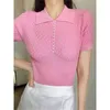 Été coréen tricoté boutons de perles t-shirts hauts femmes manches courtes col rabattu mode dames élégantes t-shirts 210513