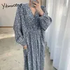 Yitimuceng Floral Print Dresses for Women Vintage Oversize Långärmad Loose Waist Spring Korean Fashion Maxi Boho Dress 210601