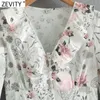 Zevity Donna Dolce Volant a cascata Stampa floreale Cerniera laterale Abito a trapezio Donna Chic Manica lunga Pieghe Kimono Vestido DS8156 210603