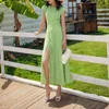 Summer Beach Vocation Vert Floral Print Dress O-cou Élégant Halter Split Midi Femmes D2589 210514