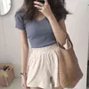 Vintage V-Neck Short Sleeve T-shirt 2022 Woman Slim Solid Color T Shirt Summer Korean Style Retro Tee Tops For Women 5 Colors G220228