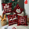 Christmas Pillow Case 18x18 Inches Linen Decoration Throw Pillowcover Red Plaid Santa Deer Cushion Covers for Xmas Holiday Decorations