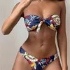 Sexiga Kvinnor Badkläder Knot Floral Bandeau Bikini Set Strapless Padded Baddräktstrand Femme Brasilianska Badkläder 210722