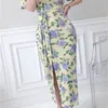 LLZACOOSH Fashion Office Ladies Pencil Dress Summer Women V NeckFloral Print Dress Korean Bodycon Split Belt Long Dress 210514