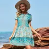 Sommar bomullsklänning Kortärmad knä längd Klänningar Kvinnors Kläder Casual Beachwear Holiday Party Dress 2021 Fashion Club Wear X0521