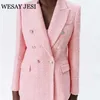 WESAY JESI Femmes Mode BlazerDouble Boutonnage T Vérifier Blazer Manteau Vintage À Manches Longues Poches Femelle Survêtement Chic Manteau X0721