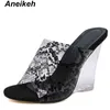 Клинья моды слайды леопарда Print Peep Toe High каблуки платье тапочки летний скольжение на женщин мулы черный размер 35-40 210507