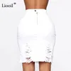 Asymmetric Hole Denim Midi Skirt With Tassel Streetwear High Waist Wash Distressed For Women Bodycon Ripped Jean Skirts 220214