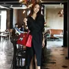 Kore OL Stil Sonbahar Seksi Elbise Kadın V Boyun Uzun Kollu Sashes Wrap Ön Bölünmüş Rahat Çalışma Ofis Kalem 210603