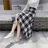 불규칙한 양모 격자 무늬 스커트 겨울 여성 높은 허리 모직 긴 스커트 패션 우아한 여성 미디 스커트 체크 Faldas Saia 210619