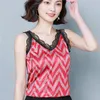 Korean Silk Women Tops Woman Striped Camis V-neck Lace Tanks Satin Sleeveless Top Print Plus Size 210427