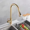 Kitchen Faucet Golden Mixer Tap 360 Degree Rotation Stream Sprayer Pull Out Deck Mounted Kitchen Sink Cold Mixer Taps Crane 210719