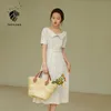FANSILANEN Office Lady French Retro High Waist Short Sleeve Dress Women Summer Beige Yellow A-line Skirt Clothes 210607