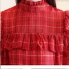 Automne mode femmes Blouses à manches longues en mousseline de soie volants hauts rouge Plaid Stand vêtements bureau dame 5306 50 210506