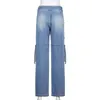Stylowy Blue High Waist Belt Y2K Mama Dżinsy Kobiety Pełna długość Szeroki Cargo Dżinsowe Spodnie Harajuku Prosta Spodnie Streetwear 210510