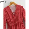 Vintage bolinhas mulheres vermelhas vestido v pescoço flare manga a linha mini vestido mujer feriado verão plus tamanho 210514