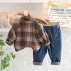 Baby Boys Girls Clothes Set Children Infant Fashion Cool Outfits New Spring Autumn Toddler Plaid Letter Long Sleeve Shirt+Jeans Y220310