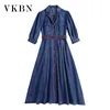 VKBN Spring Autumn Belt Jeans Dress Women Embroidery Lantern Sleeve High Waist Cowboy Dresses for Women Turn-down Collar 210507