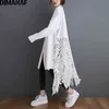 DIMANAF Plus Size Blouse Shirts Women Clothing Fashion Lace Floral Elegant Lady Tops Casual Loose Long Sleeve Button Cardigan 210326