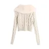 Korea Style Lapel Avtagbar Faux Fur Twist Stripe Stickning Cardigan Kvinnor Knapp Långärmad Crop Sweater Jumper Knitwear 210429