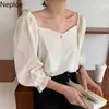 Blouse vrouwen koreaanse chic sqaure kraag bladerdeeg mouw dames blusa shirts lente mode casual vrouwelijke tops 1c595 210422