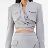 Bbwm elegante mulheres moda cinza terno de gola colar lace vestido vintage v neck sem mangas Outerwear feminino chique tops 210520
