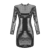 Mini Mulheres Compact Wear Sexy Prata High Collar Nine Points Sleeve Sequin Festa Dress