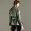 Ftlzz весна осень осенний отворот искусственная кожаная куртка женщин зеленый PU пальто простота свободных куртки офис леди в туре с поясом 210902