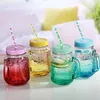 Glass Mason Cup Drinkware With Lid and Straws Reusable Wide Mouth Smoothie Bubble Tea Masons Jars Cups 500ml